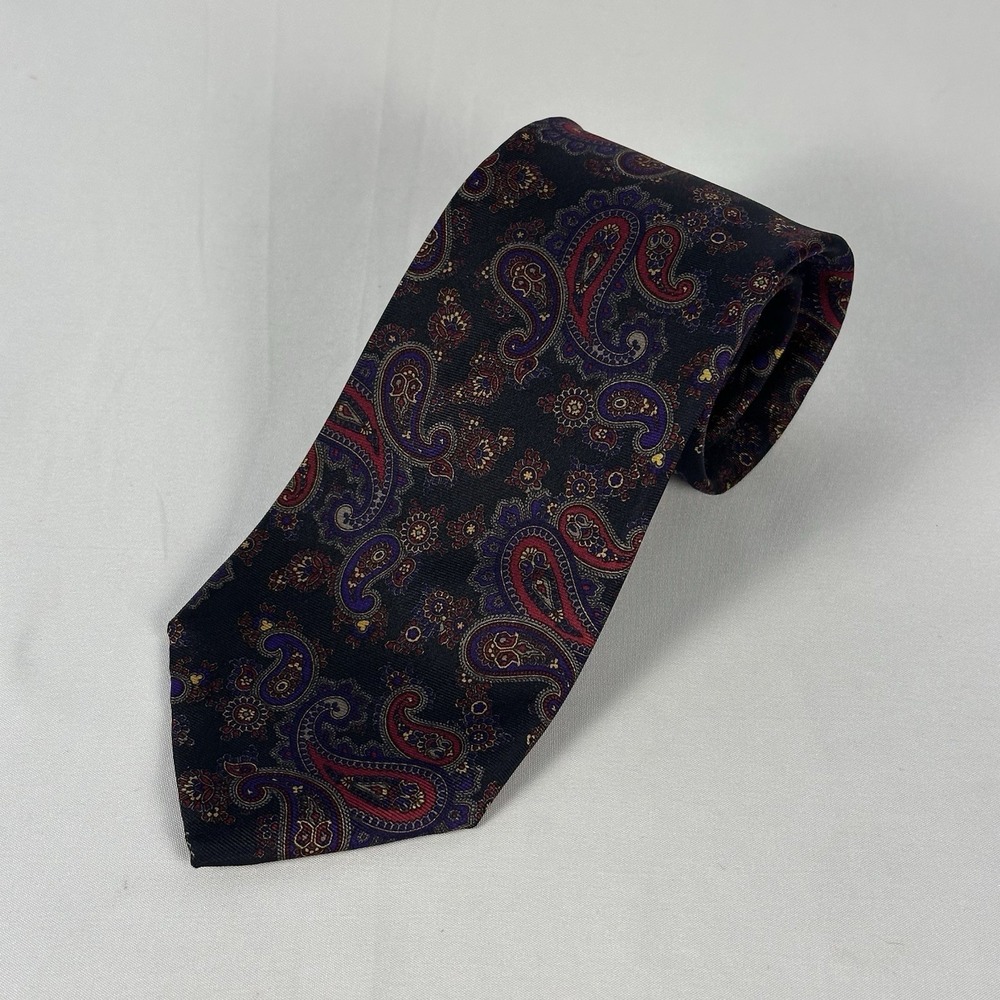 Mallory & Church London Silk Tie Black Purple Red Paisely Classic 3.25" W 57" L